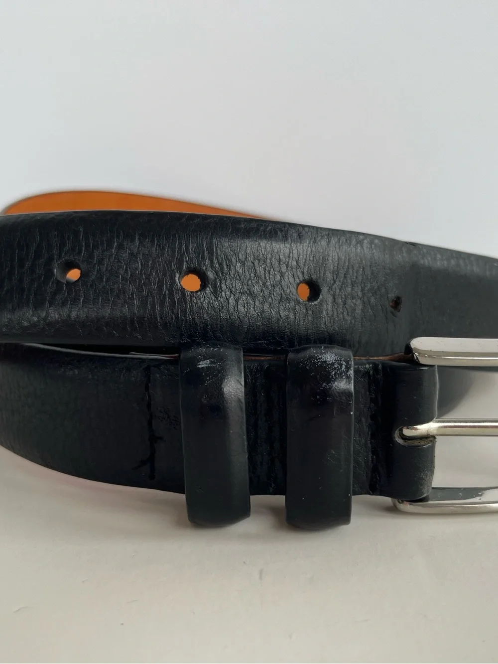 Lands End Classic Black Leather Belt with Soild Brass Buckle- Size 42